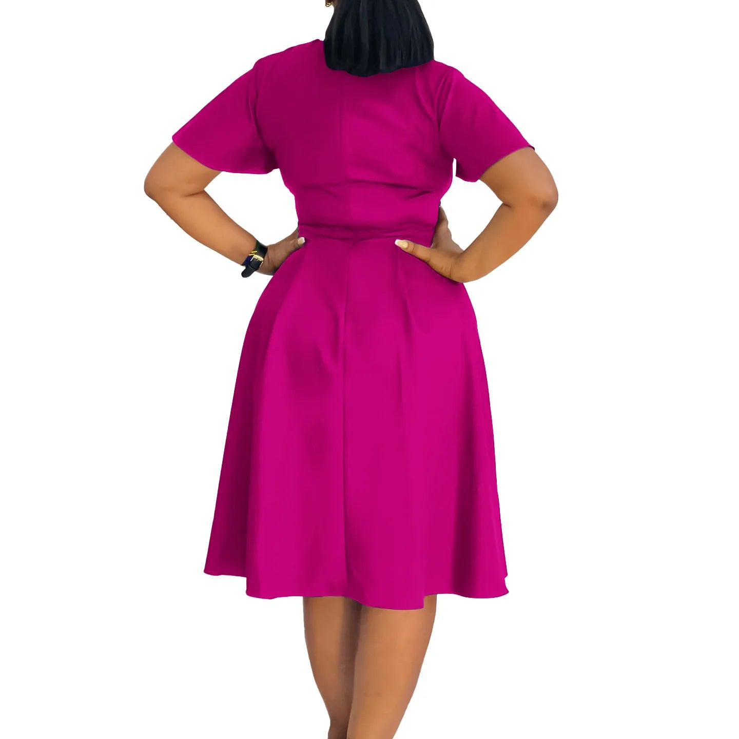 Plus Size Spring Summer New Solid Color Matching V-Neck Short Sleeves Fashion Commuting Slim Fit Midi Length Elegant Style Dress
