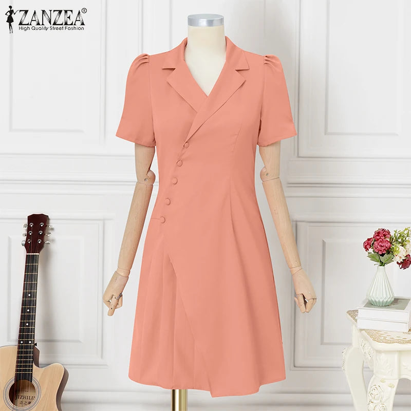 ZANZEA Women OL Work Dress Elegant Knee-Length Suits Sundress Summer 2025 Casual Short Sleeve Vestidos Solid Lapel Neck Robes