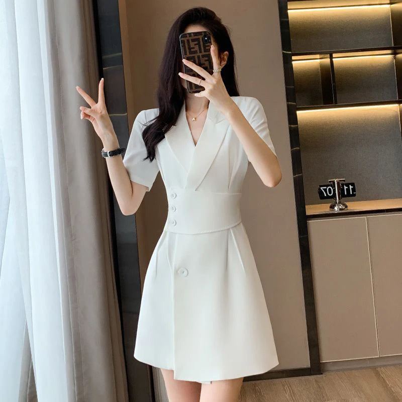 Summer New Office Lady Elegant Fashion Waist Dress Femme Short Sleeve Temperament Solid Robe Vestidos De Fiesta Women's Clothing
