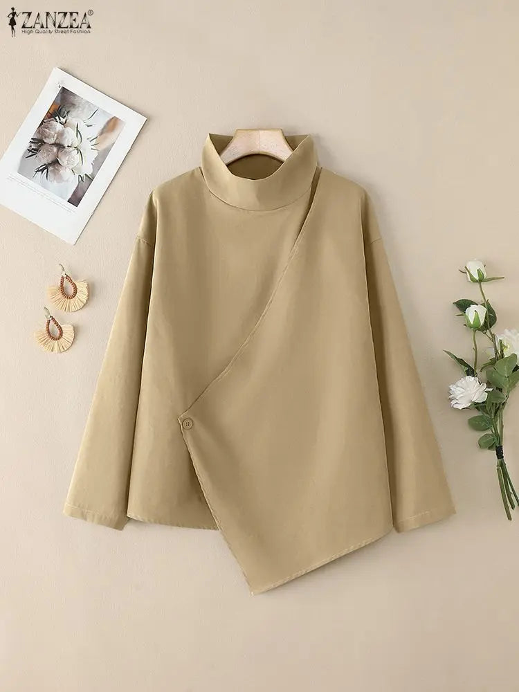 2025 Stylish Long Sleeve Office Blouses ZANZEA Women Autumn Turtleneck Tops Elegant Solid Shirt Irregular Blusas Female Mujer