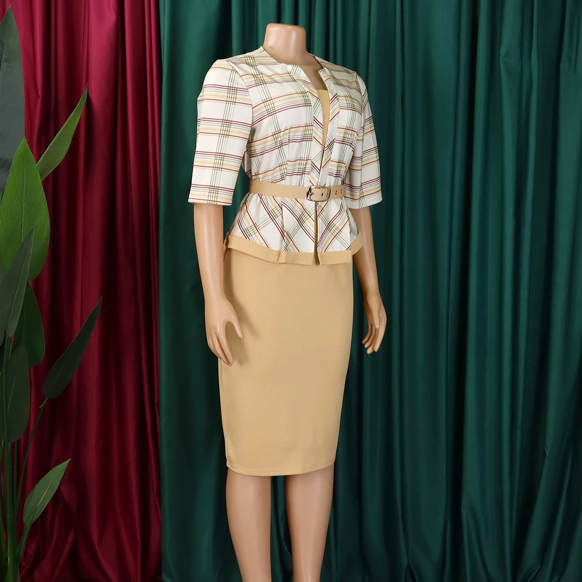 Elegant Office Ladies Dresses for Women O Neck Half Sleeve Plaid Patchwork Sheath Package Hips Female Business Work Wear Dress