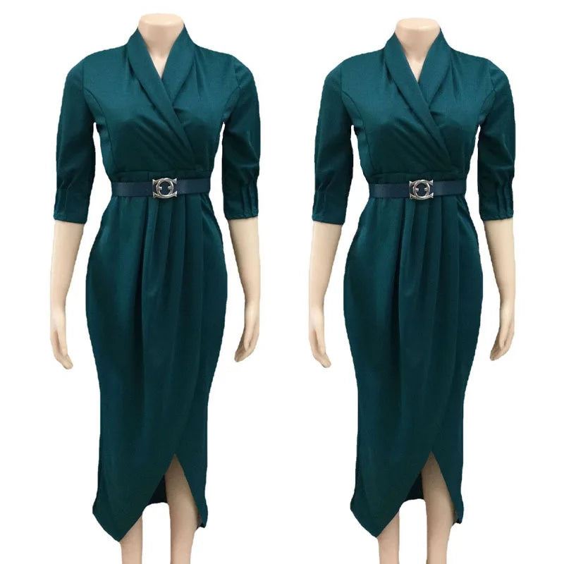 2024Elegant Office Ladies Dresses Women Fall Clothes Plus Size Long Sleeve Slim 3XL Dresses With Belt