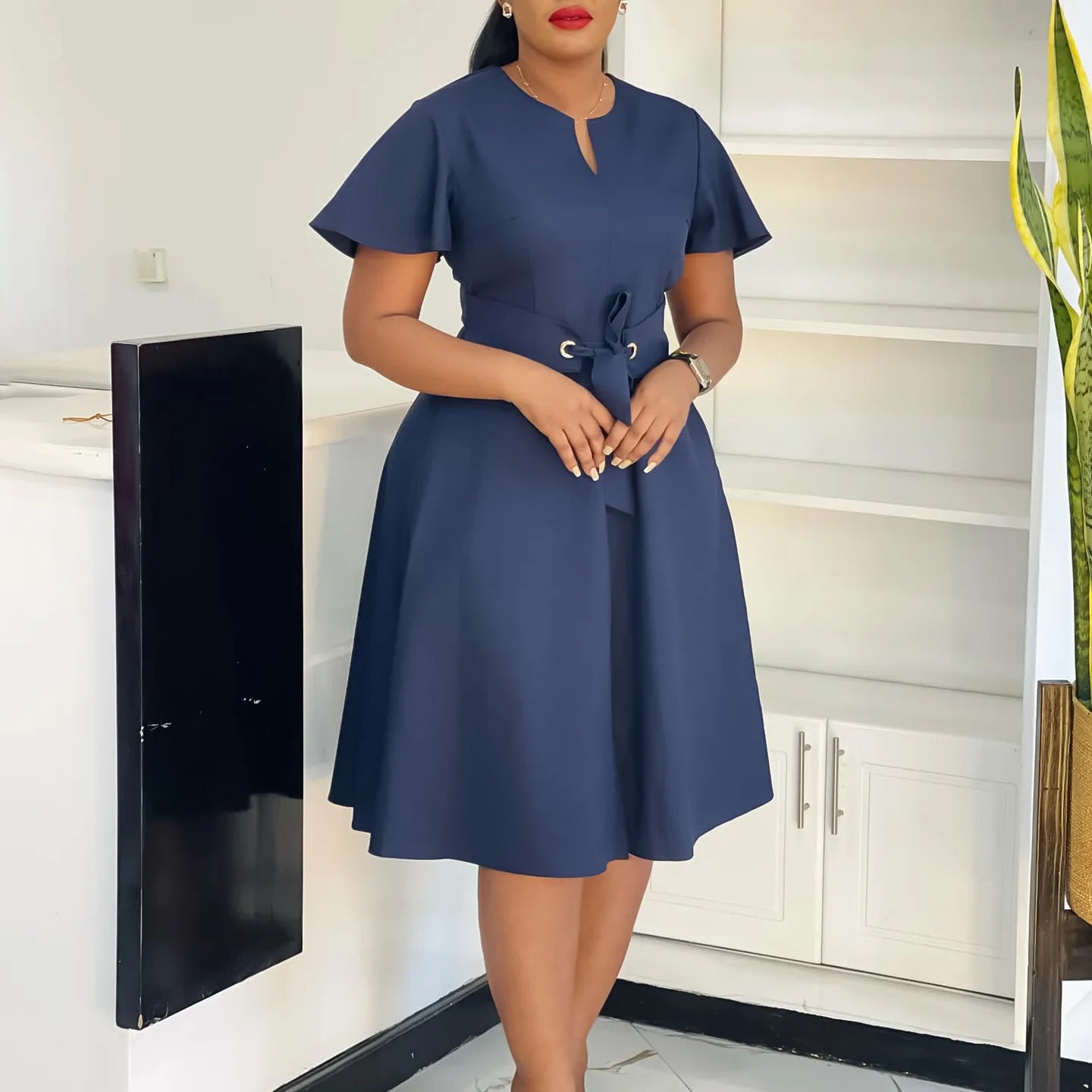 Plus Size Spring Summer New Solid Color Matching V-Neck Short Sleeves Fashion Commuting Slim Fit Midi Length Elegant Style Dress