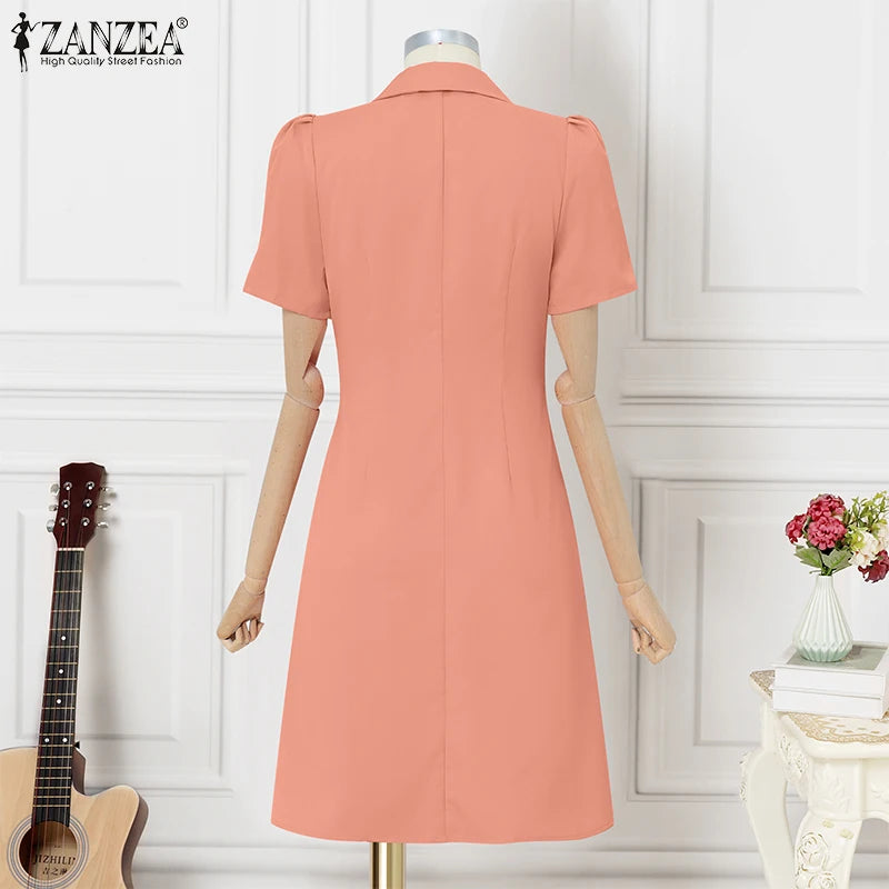 ZANZEA Women OL Work Dress Elegant Knee-Length Suits Sundress Summer 2025 Casual Short Sleeve Vestidos Solid Lapel Neck Robes