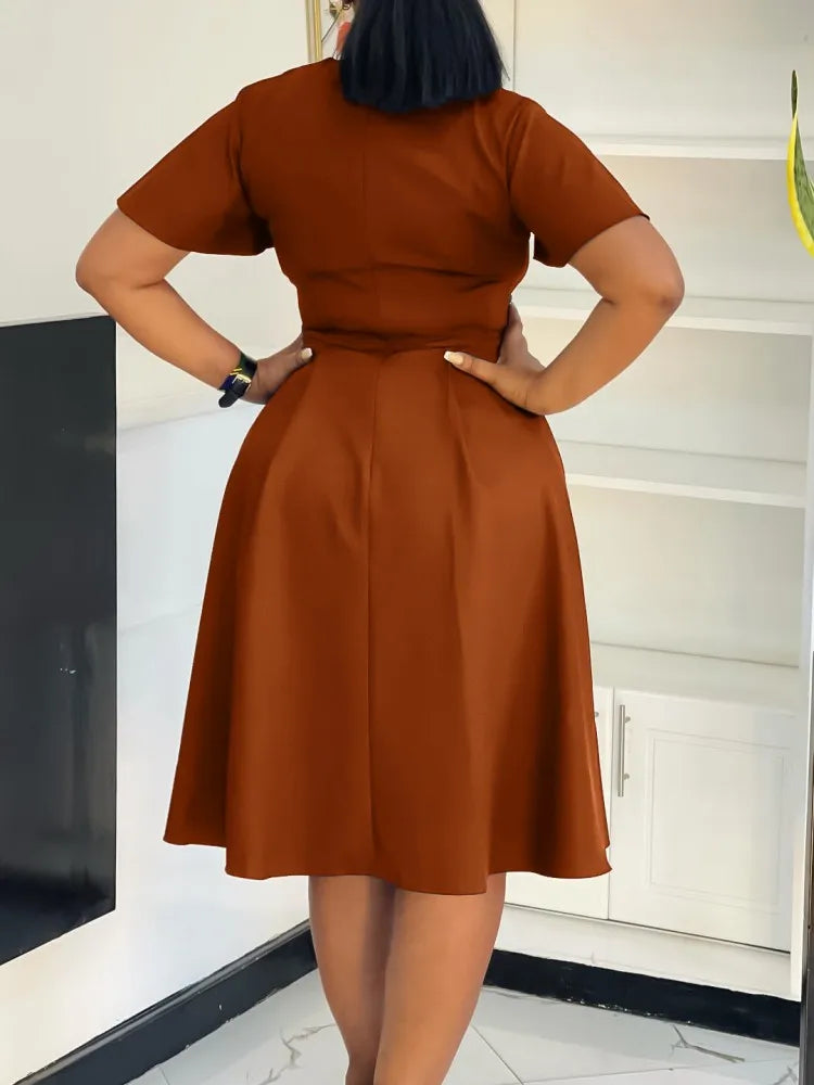 Plus Size Spring Summer New Solid Color Matching V-Neck Short Sleeves Fashion Commuting Slim Fit Midi Length Elegant Style Dress