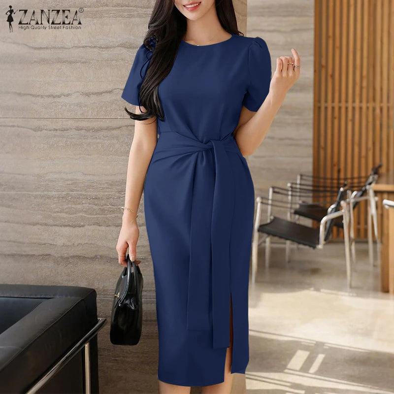 2025 Summer Dress ZANZEA Elegant Women Work OL Dresses Stylish Short Sleeve Slim Fit Party Vestidos Solid Lace Up Sundress Robe