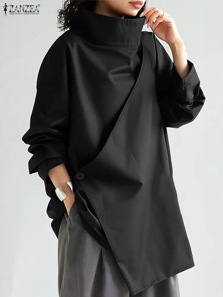 2025 Stylish Long Sleeve Office Blouses ZANZEA Women Autumn Turtleneck Tops Elegant Solid Shirt Irregular Blusas Female Mujer