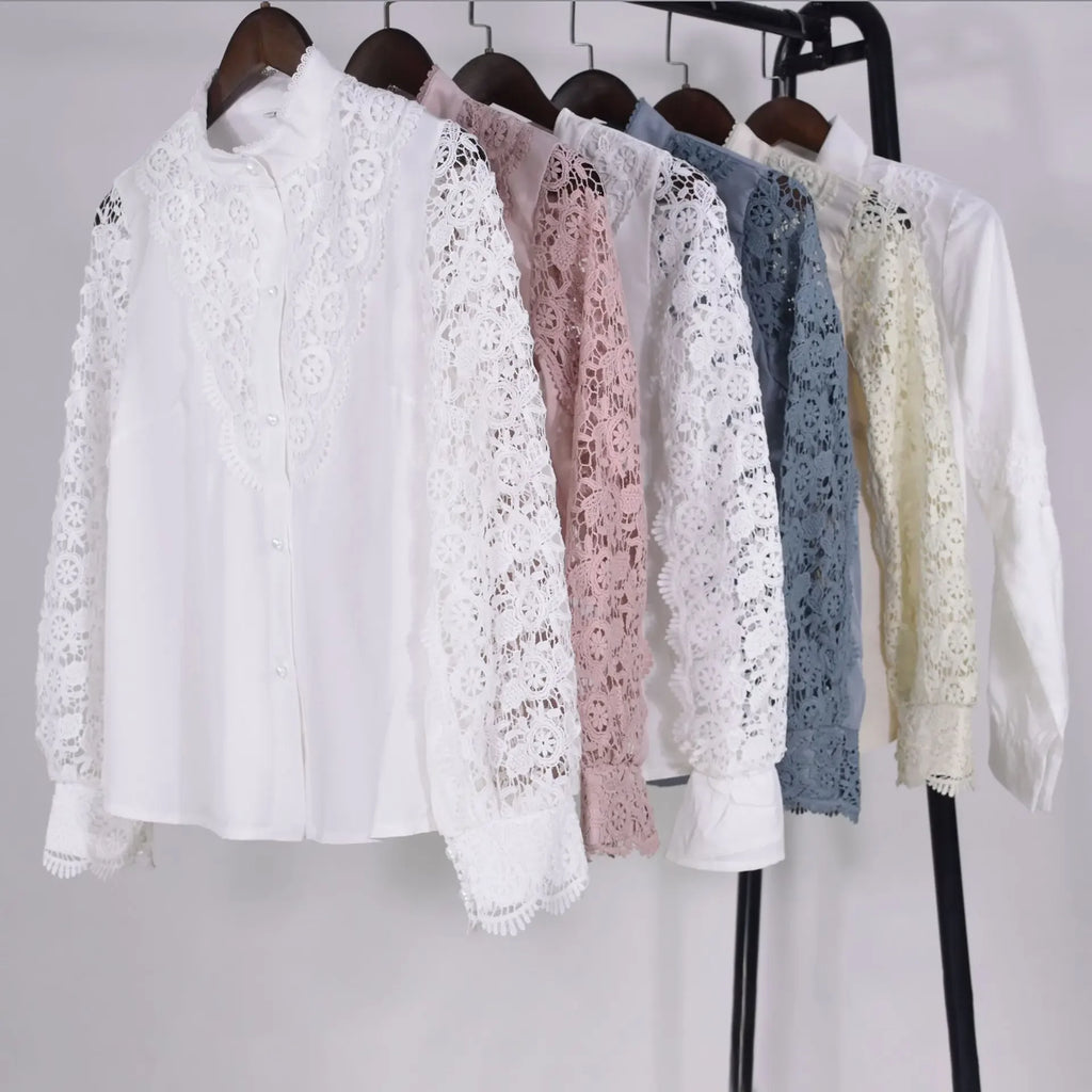 Women's Blouses White Office Spring Casual Button V-neck Long Sleeve Elegant Hook Flower Hollow Shirt For Female