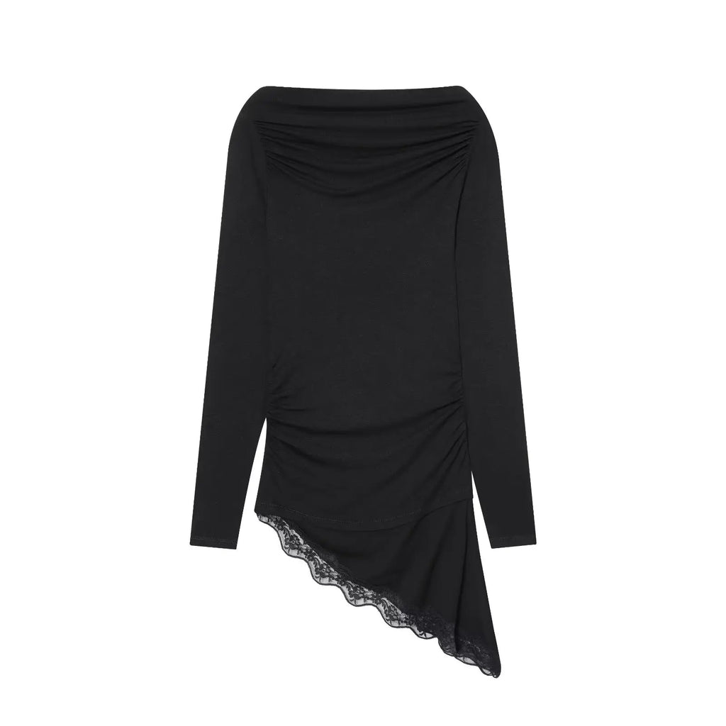 Women's T-Shirts Spring Autumn Fashion Lace Hem T Shirts for Women Asymmetry Streetwear Long Sleeve Slim Casual Tops