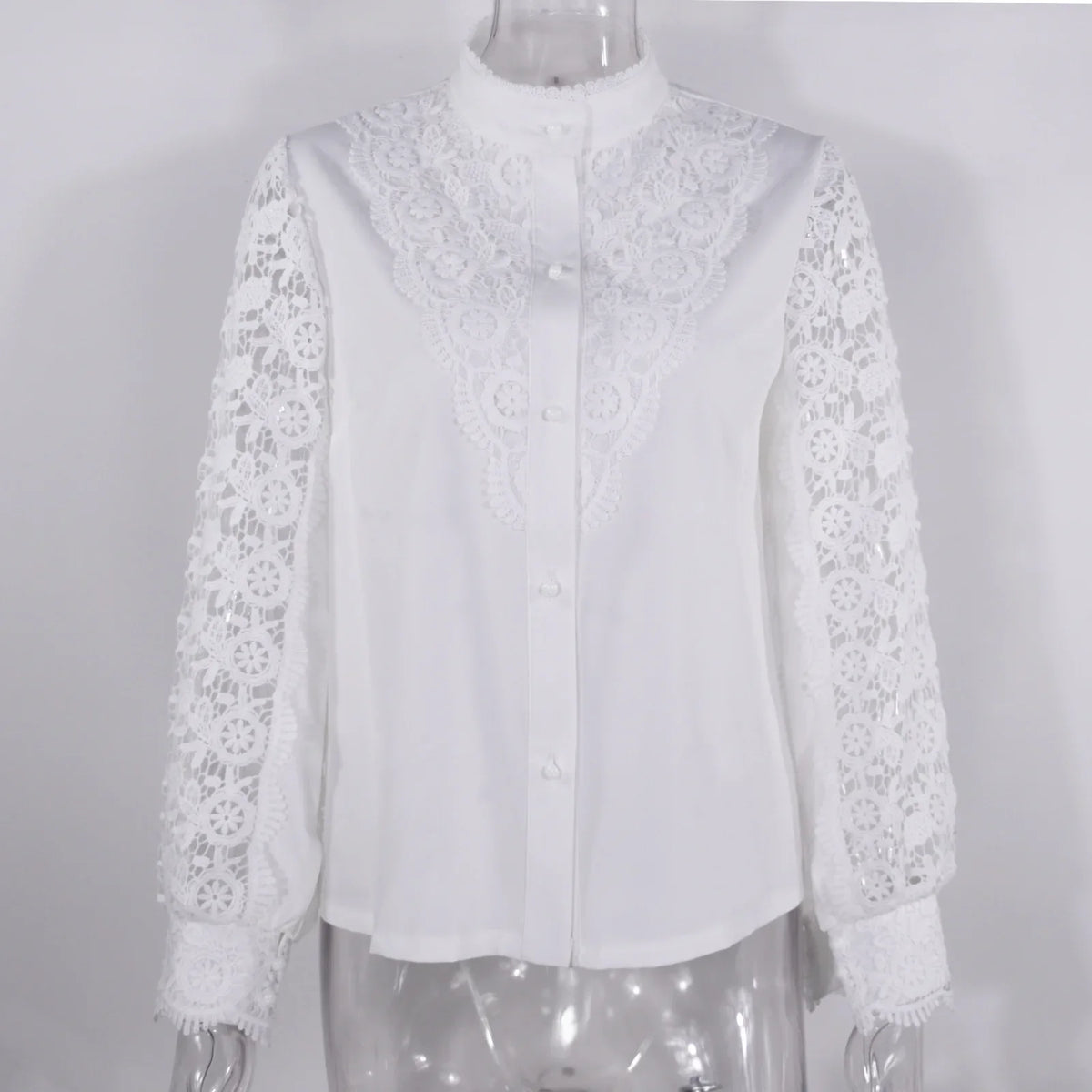 Women's Blouses White Office Spring Casual Button V-neck Long Sleeve Elegant Hook Flower Hollow Shirt For Female
