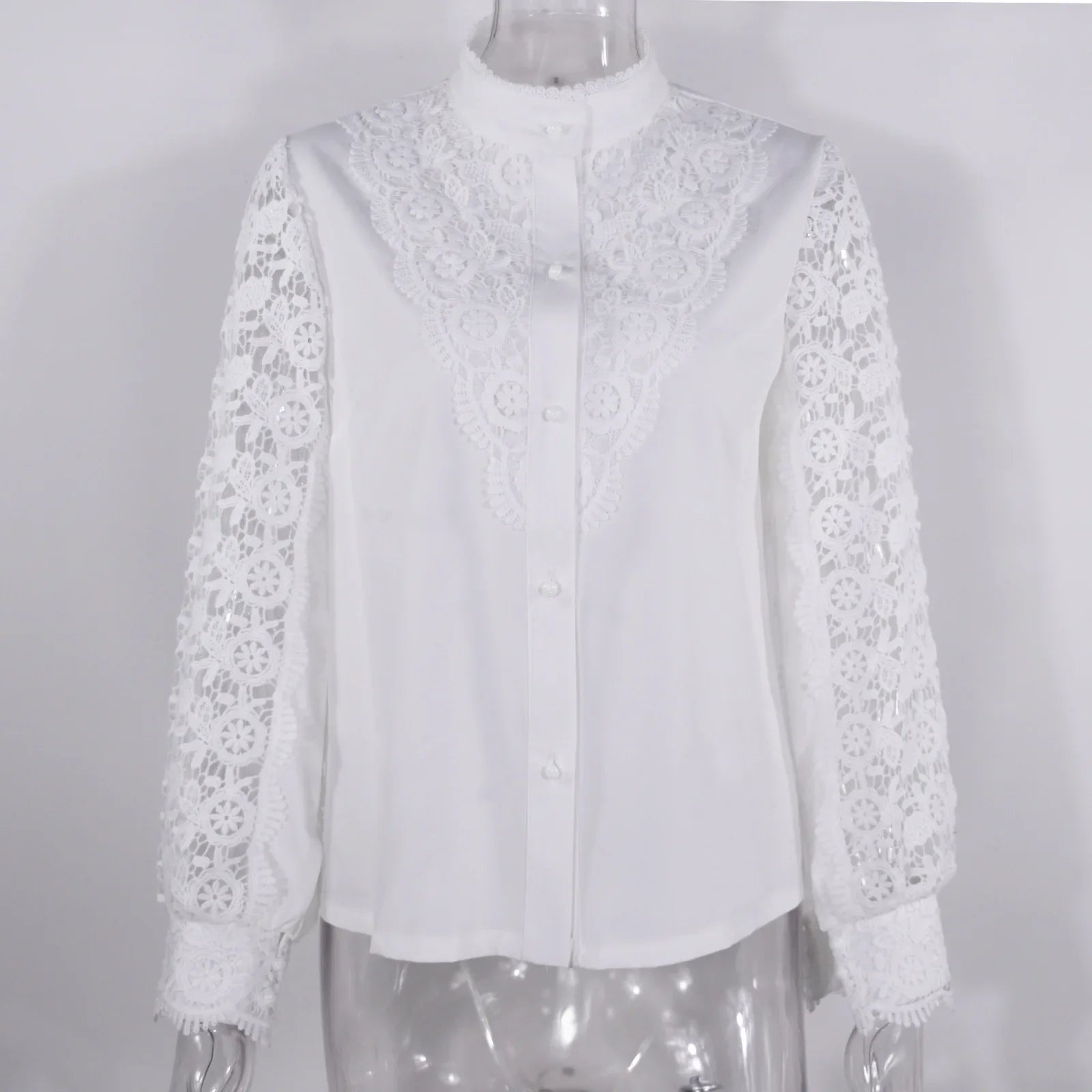 Women's Blouses White Office Spring Casual Button V-neck Long Sleeve Elegant Hook Flower Hollow Shirt For Female