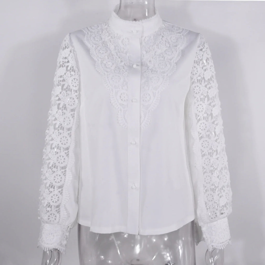 Women's Blouses White Office Spring Casual Button V-neck Long Sleeve Elegant Hook Flower Hollow Shirt For Female