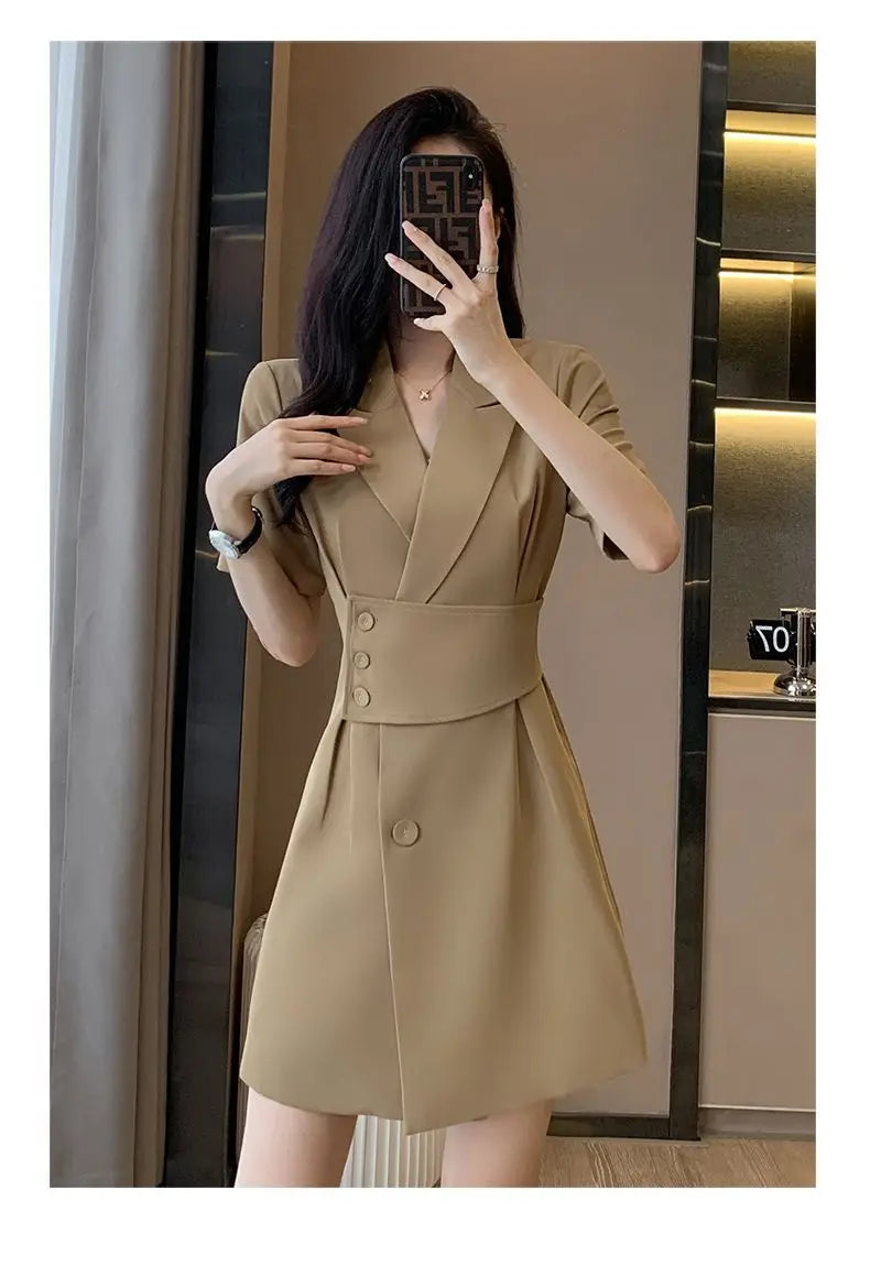 Summer New Office Lady Elegant Fashion Waist Dress Femme Short Sleeve Temperament Solid Robe Vestidos De Fiesta Women's Clothing