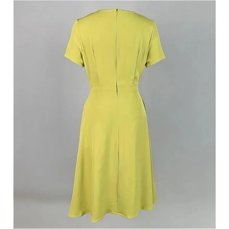 Green Yellow Officewear Dresses for Women 2026 Spring Summer O Neck Short Sleeve Bow High Waist Folds Elegant Midi Dress 182825
