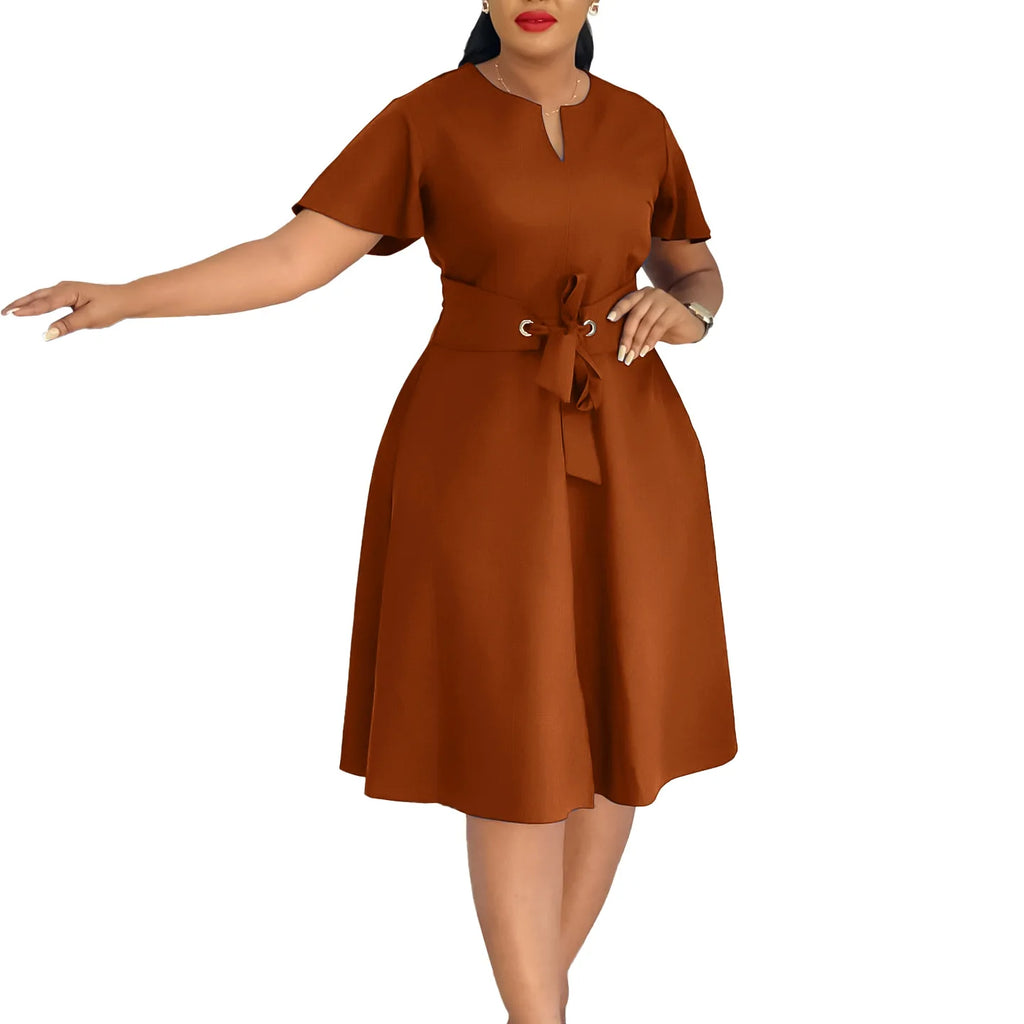 Plus Size Spring Summer New Solid Color Matching V-Neck Short Sleeves Fashion Commuting Slim Fit Midi Length Elegant Style Dress
