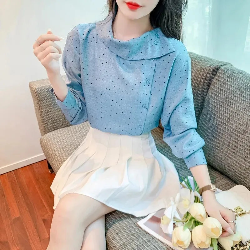Women's Polka Dot Blouse Asymmetric Collar Long-Sleeve Office Top