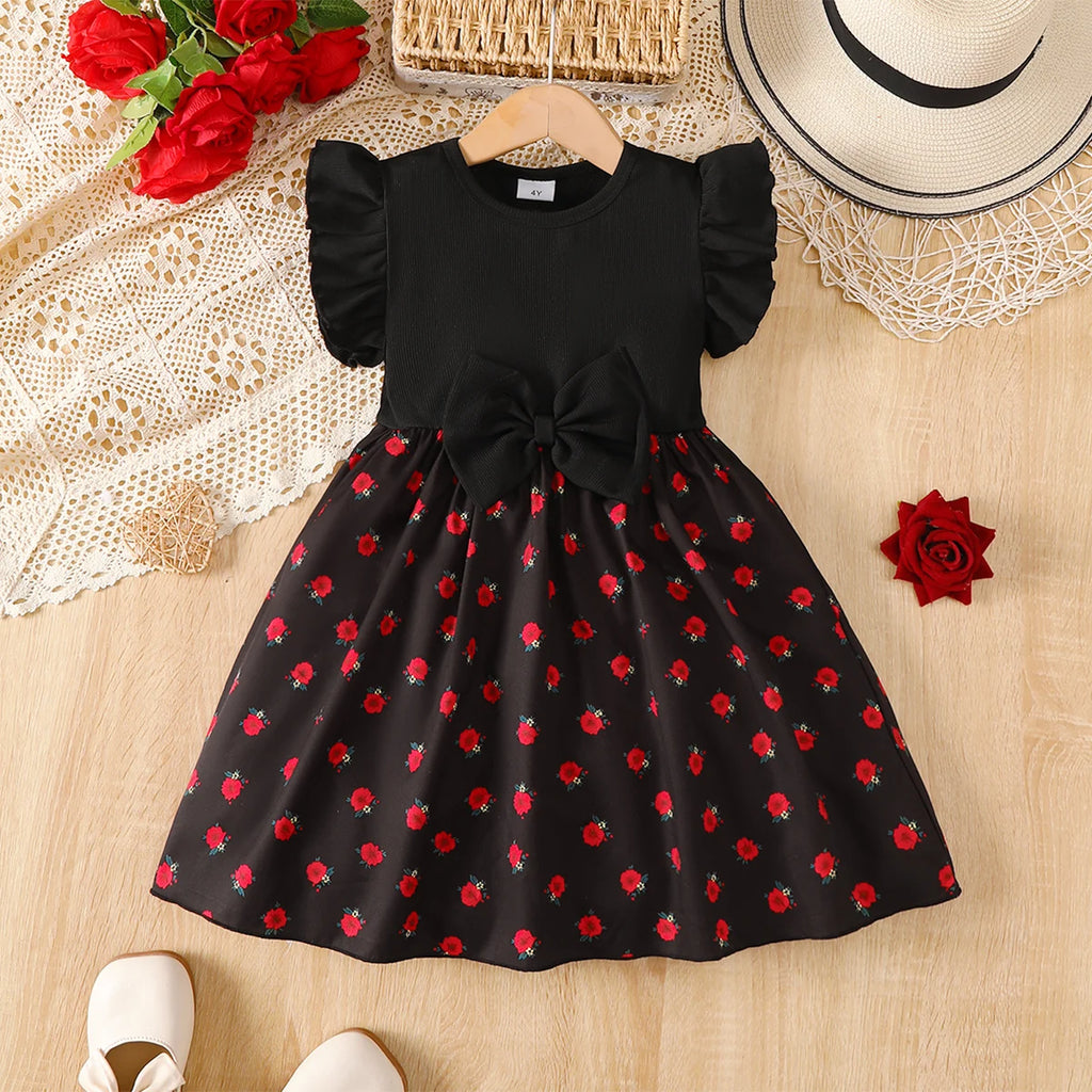 4-7 Year Girls dress Round neck pit stripe rose print sleeveless dress, children's girls' Summer Casual Dress