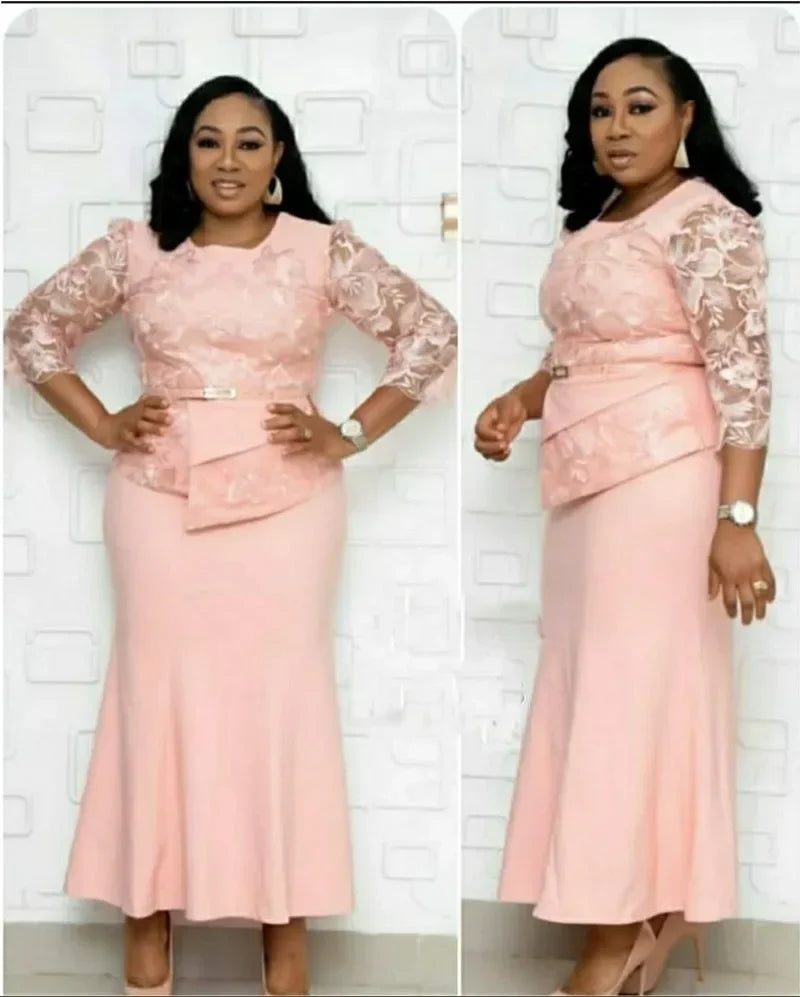 4XL 5XL Plus Size 2025 Christmas Dresses Women O Neck 3/4 Sleeve Long Maxi Dress Fashion Lace Patchwork Night Party Dress