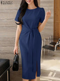 2025 Summer Dress ZANZEA Elegant Women Work OL Dresses Stylish Short Sleeve Slim Fit Party Vestidos Solid Lace Up Sundress Robe