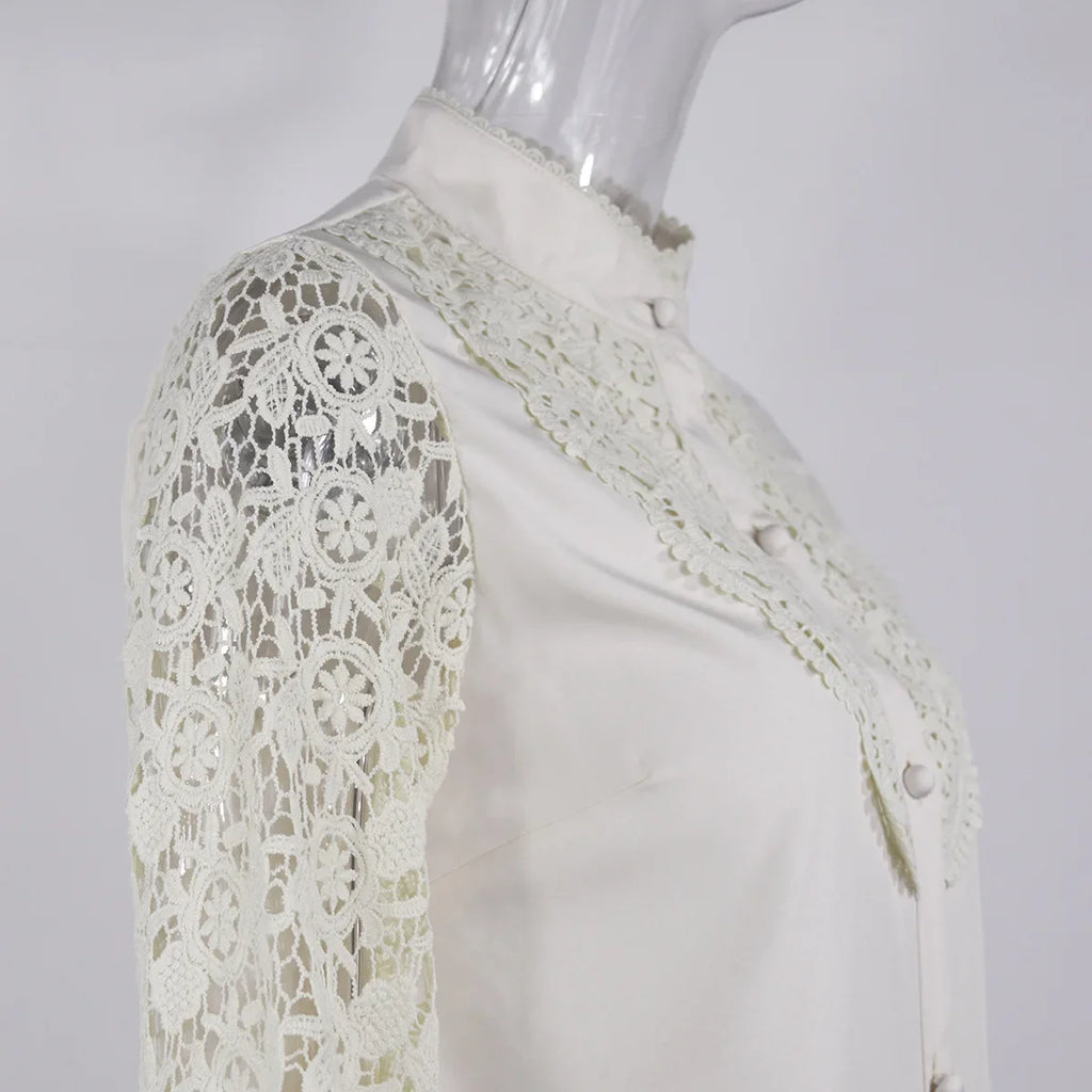 Women's Blouses White Office Spring Casual Button V-neck Long Sleeve Elegant Hook Flower Hollow Shirt For Female