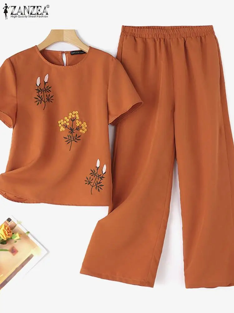 Vintage Trousers Suit ZANZEA 2PCS Elegant Short Sleeve Floral Blouse Wide Leg Pant Sets Women Summer OL Work Matching Sets 2024