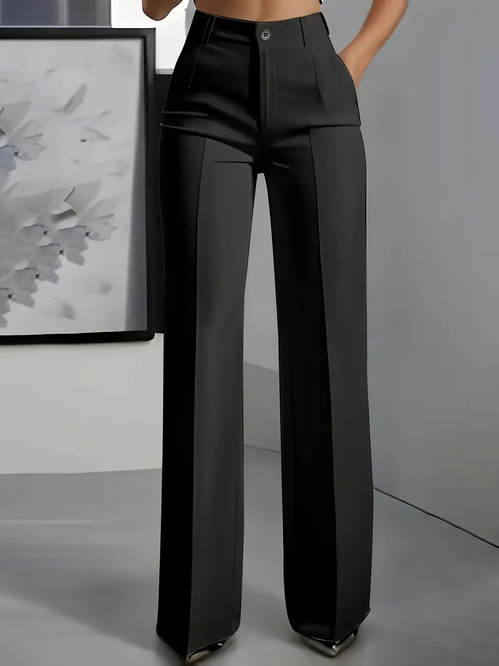 Women's High Waist Dress Pants - Flowy Straight Leg Trousers, Minimalist Office Tailored Pants