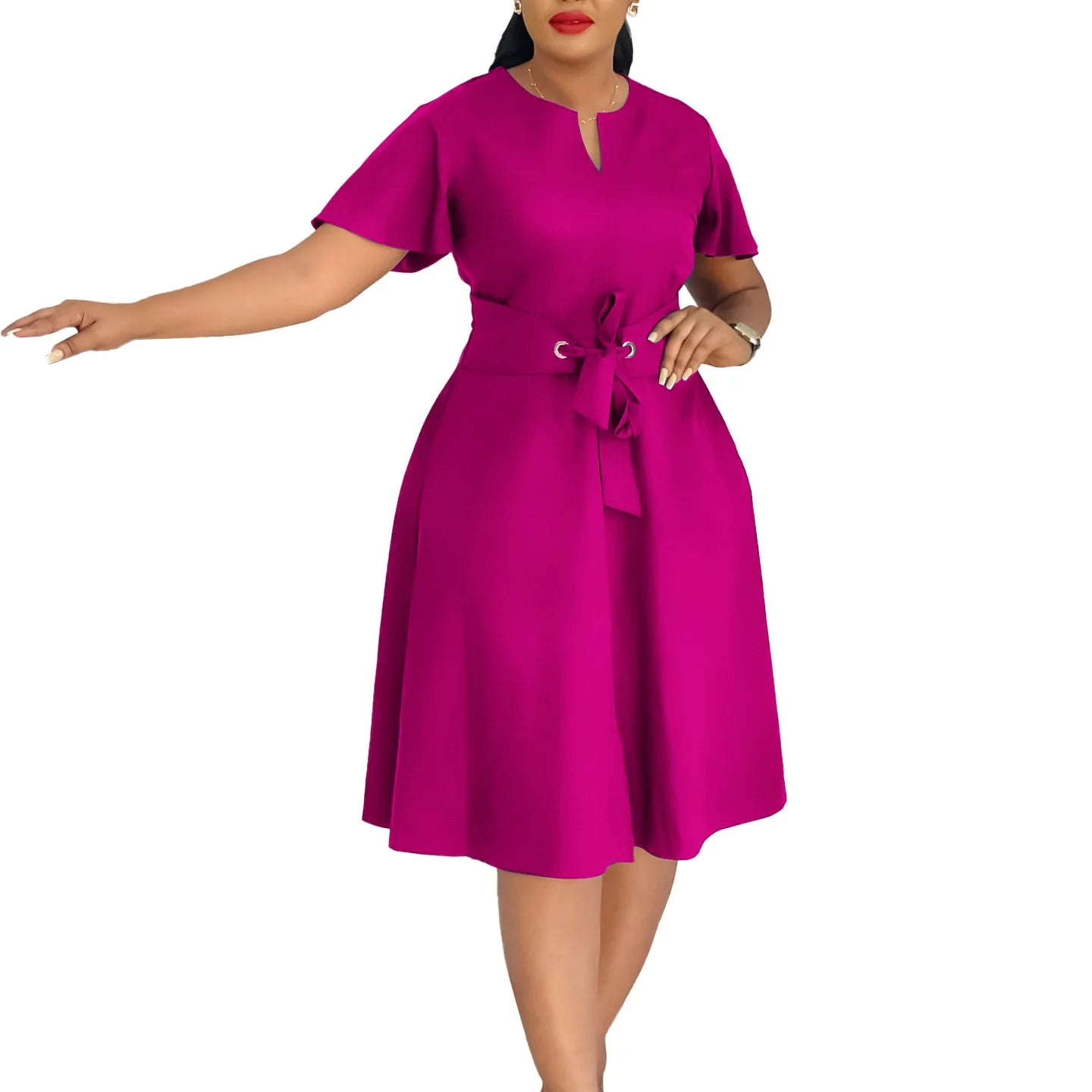 Plus Size Spring Summer New Solid Color Matching V-Neck Short Sleeves Fashion Commuting Slim Fit Midi Length Elegant Style Dress