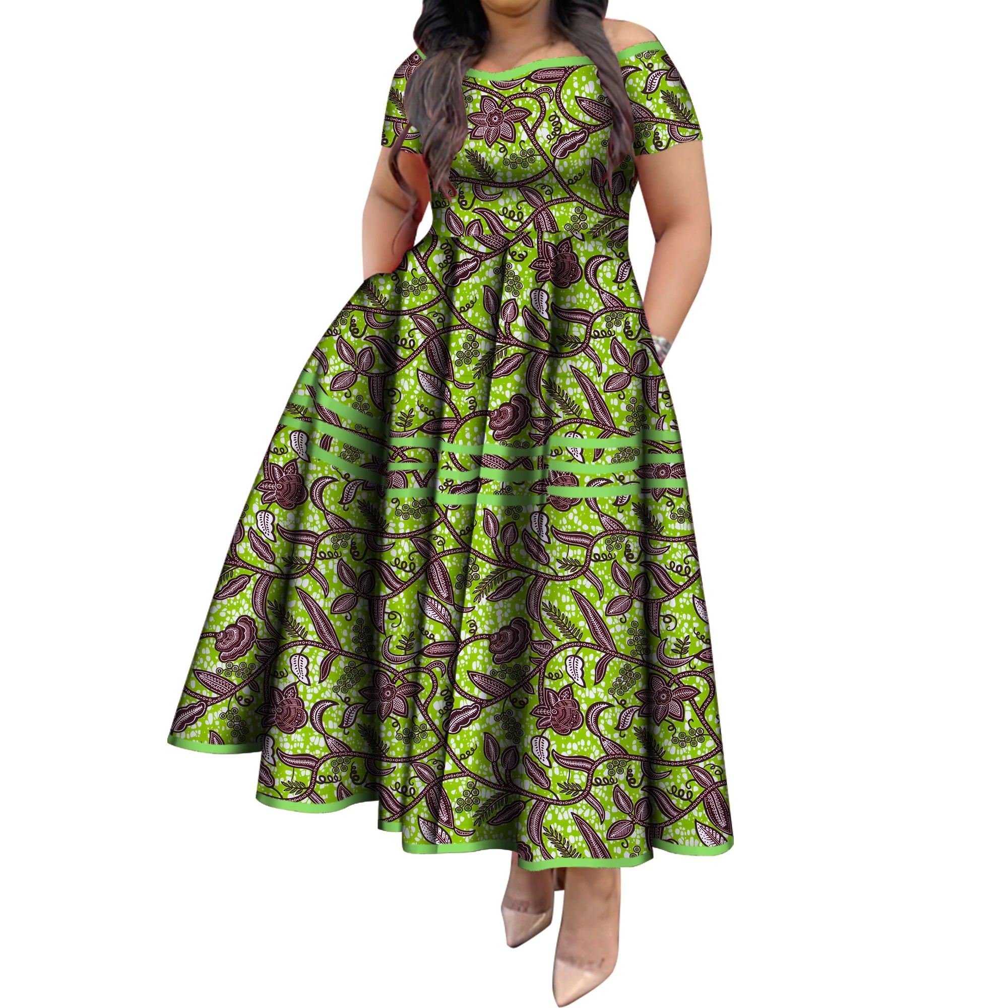 BintaRealWax African Dresses for Women Elegant African Print Short Sleeve High Waist Maxi Dress Africa Clothing WY3629