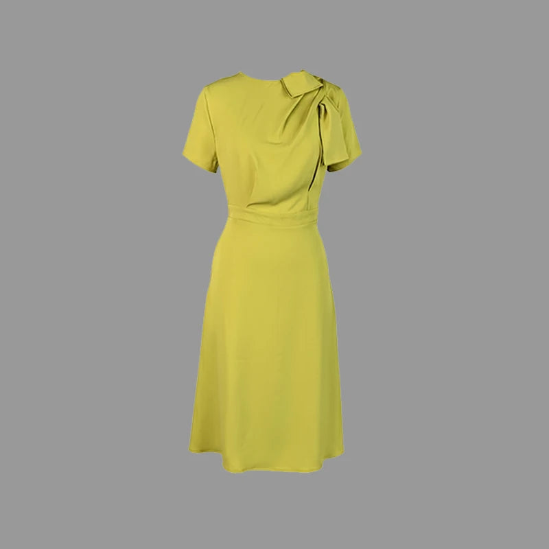 Green Yellow Officewear Dresses for Women 2026 Spring Summer O Neck Short Sleeve Bow High Waist Folds Elegant Midi Dress 182825