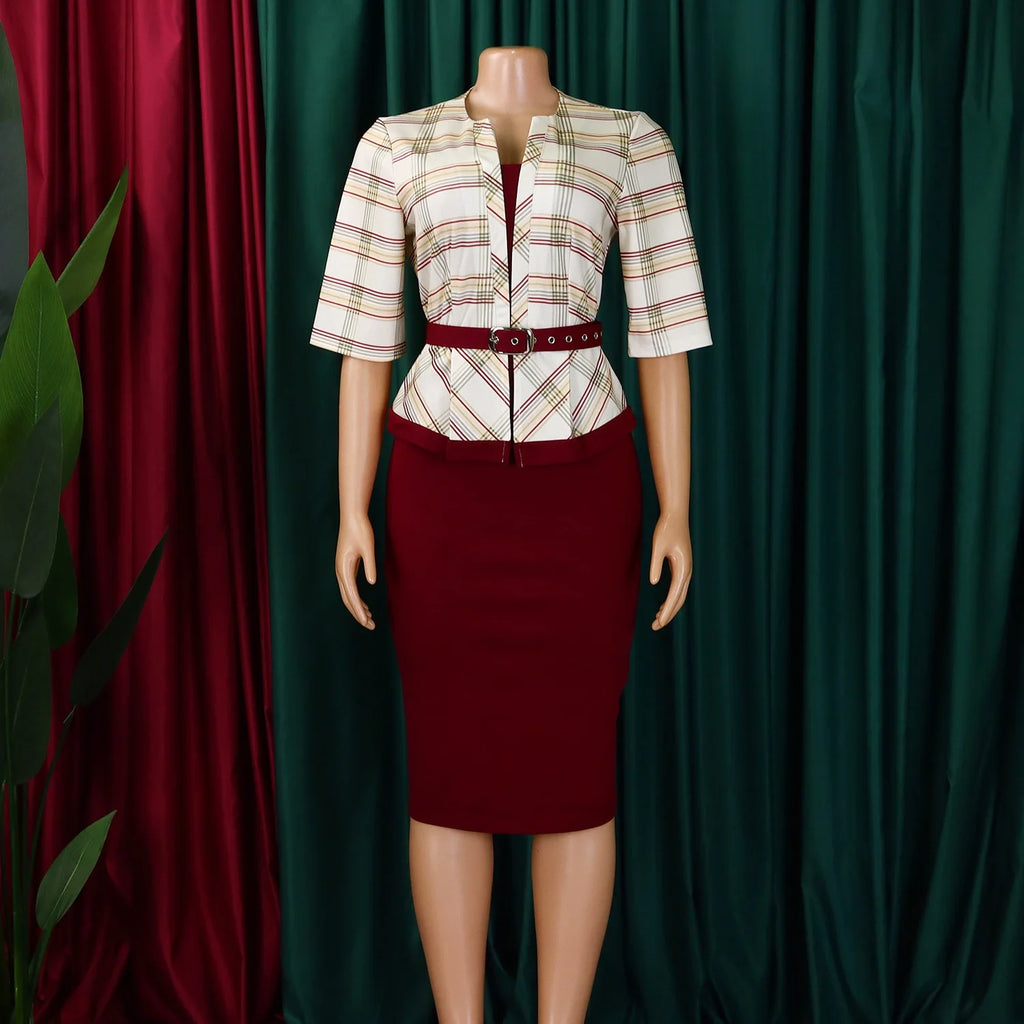 Elegant Office Ladies Dresses for Women O Neck Half Sleeve Plaid Patchwork Sheath Package Hips Female Business Work Wear Dress