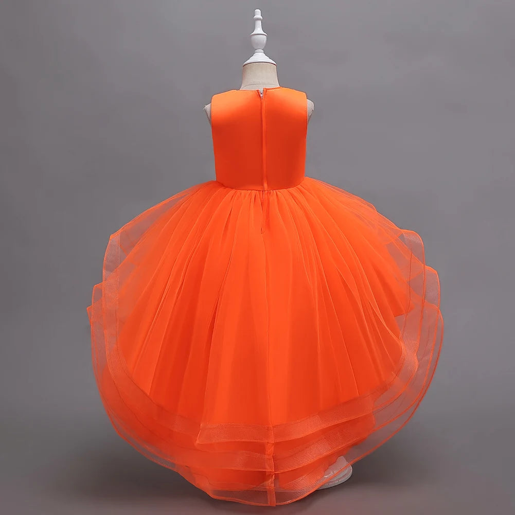 New Orange Flower Girl Princess Tail Dress for   3 to 12 Year KID Birthday Party Dresses