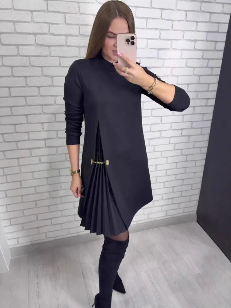 Fashion black casual dress new autumn o neck long sleeve office Holiday party solid dresses for women robe femme vestidos