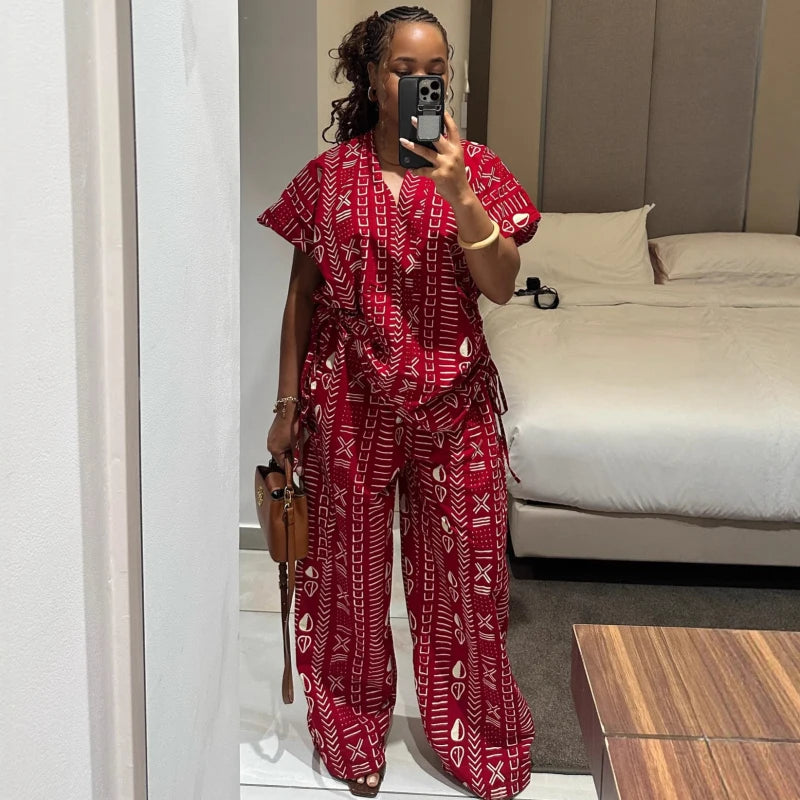 New African Fashion Vintage Casual Printed Women Two Piece Set Short Sleeve drawstring Waist and Loose Pants Set Outfits