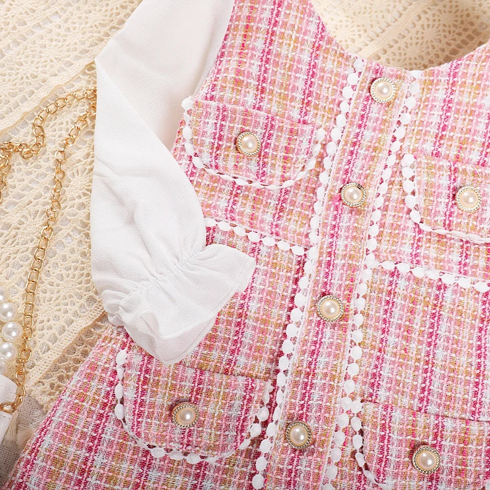 Menoea Girls' Dress 2023 Autumn New Girls' Round Neck Plaid Lace Button Long Sleeve Dress Girls' Fashion Patchwork Dress