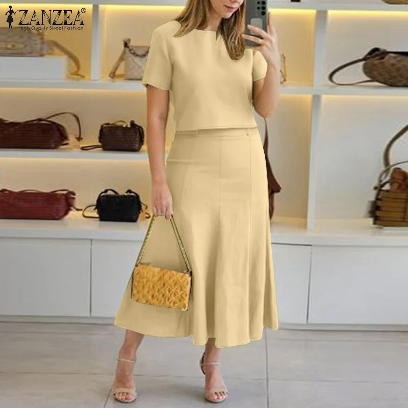 ZANZEA Fashion 2PCS Women Summer Dress Sets Summer Work OL Tracksuits Elegant Short Sleeve Blouse Sundress Casual Solid Outfits