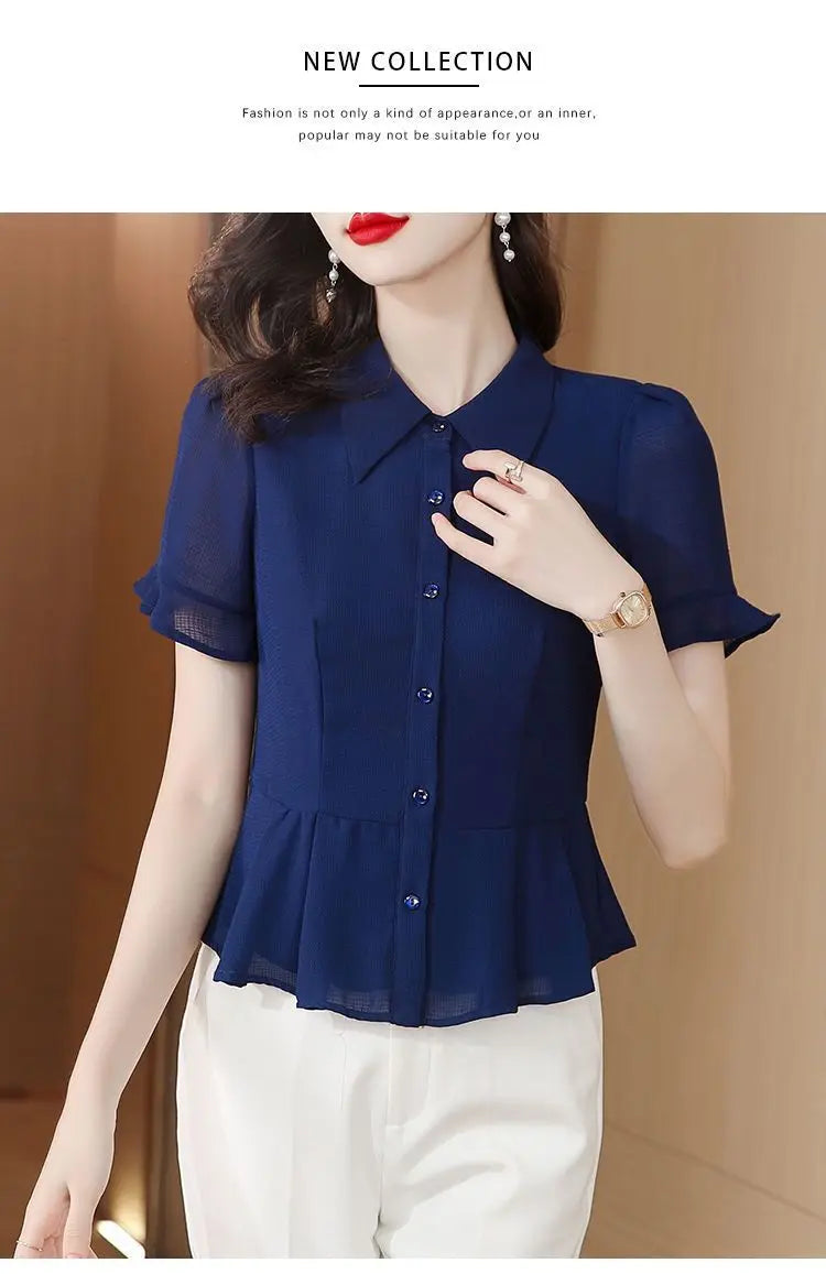 Women's Button Down Blouse Short Ruffle Sleeve Peplum Hem Chiffon Office Casual Top