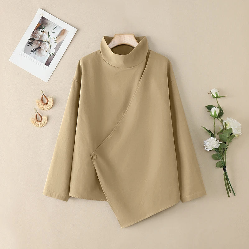 2025 Stylish Long Sleeve Office Blouses ZANZEA Women Autumn Turtleneck Tops Elegant Solid Shirt Irregular Blusas Female Mujer