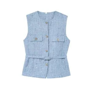 HH Women Fashion Tweed Belt Waistcoat O Neck Single Breasted Sleeveless Vests Spring Summer Office Lady Outerwear Chic Tops
