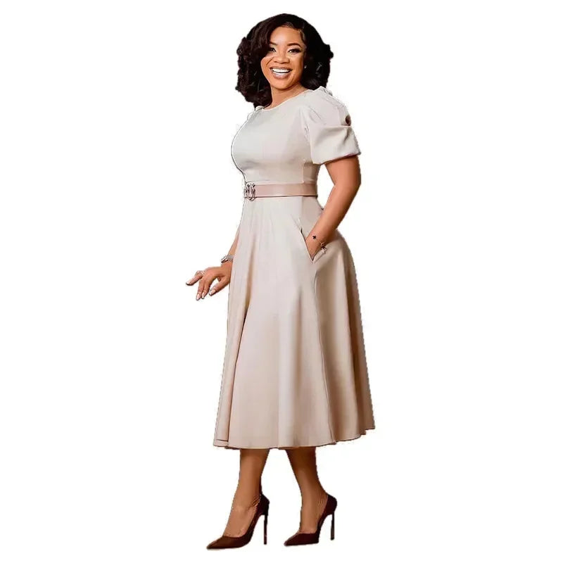 Ladies Office Dresses Women Formal Work O-Neck Puff Sleeve Wrap Waist A-line Dresses with Belt Bodycon Dress African Dresses