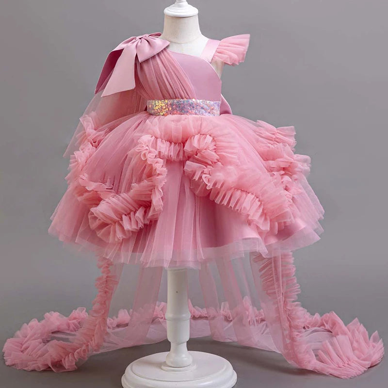 KLFLGD New summer girls party dresses flower girl wedding elegant party dress 2-6 year old girl pink tulle tail dress