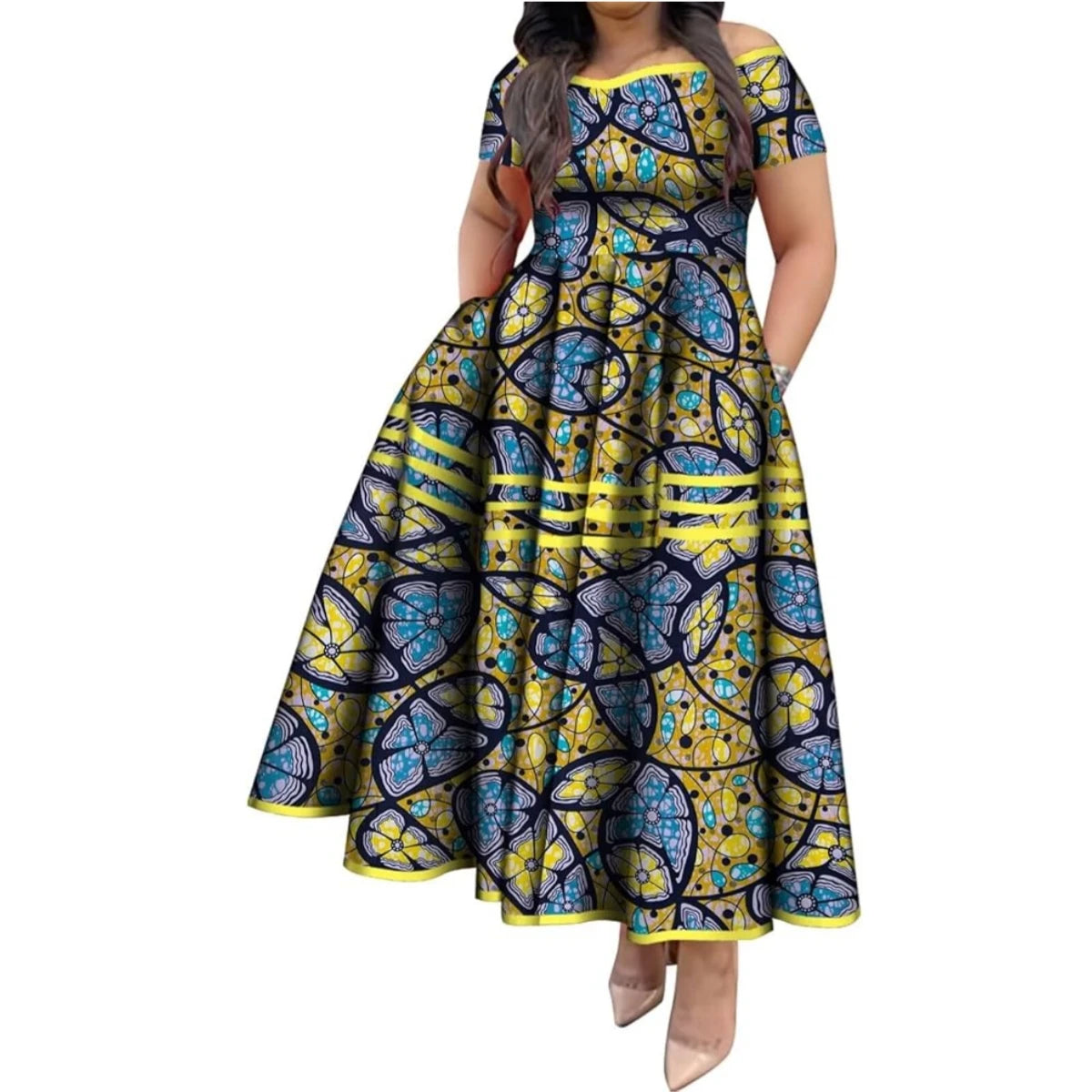 BintaRealWax African Dresses for Women Elegant African Print Short Sleeve High Waist Maxi Dress Africa Clothing WY3629