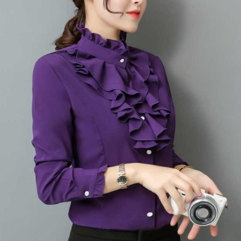 Autumn and Winter Women's Fashion Standing Collar Button Ruffles Shirring Blouse Solid Color Commuter Long Sleeve Slim Shirt