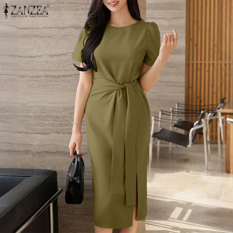 2025 Summer Dress ZANZEA Elegant Women Work OL Dresses Stylish Short Sleeve Slim Fit Party Vestidos Solid Lace Up Sundress Robe