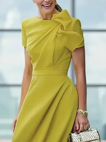 Green Yellow Officewear Dresses for Women 2026 Spring Summer O Neck Short Sleeve Bow High Waist Folds Elegant Midi Dress 182825