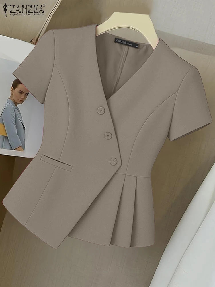 ZANZEA Fashion Shirts Women Elegant Office Tops Casual Short Sleeve Blusas Oversized V Neck Tunic 2025 Solid Color Pullover